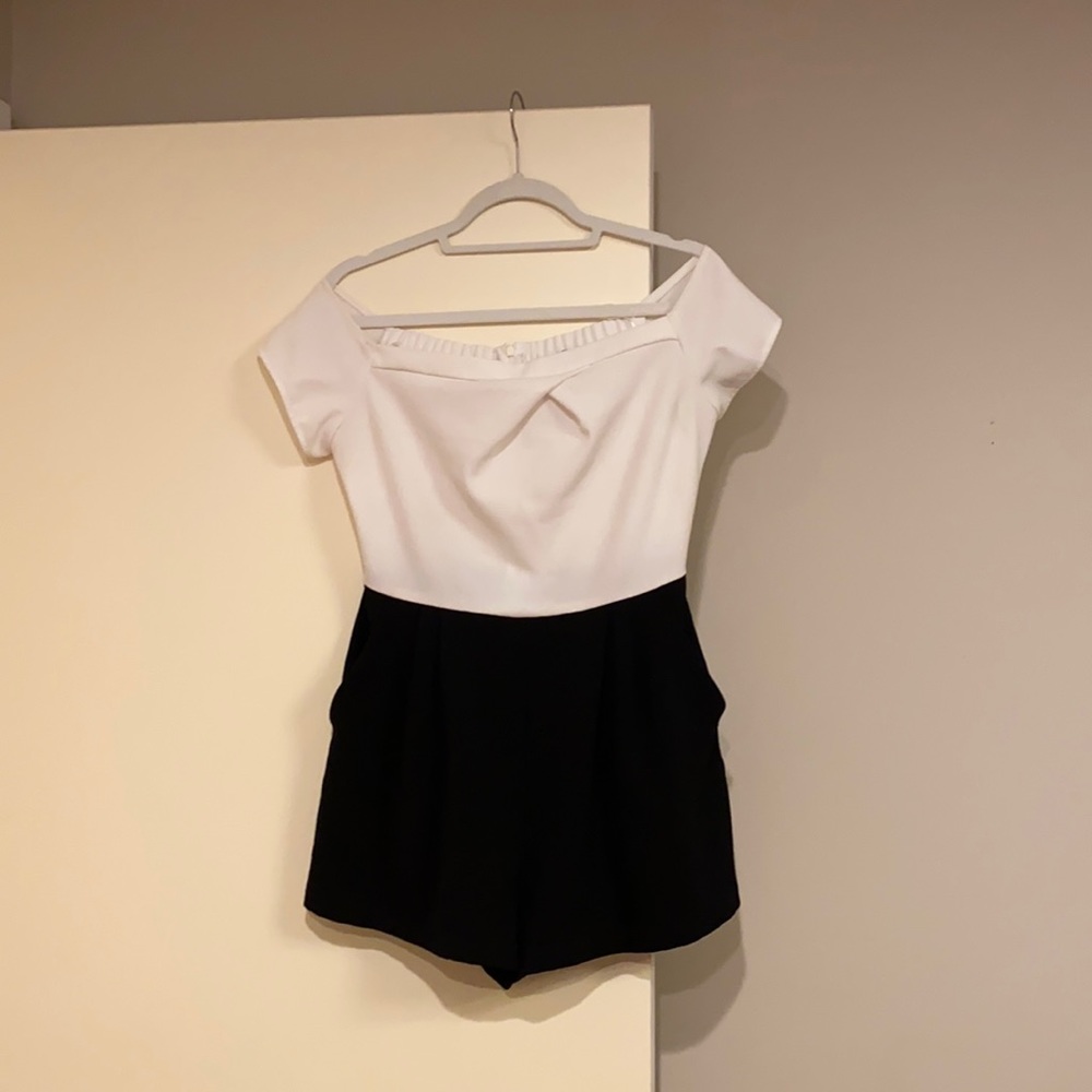 Black and white off the shoulder romper!